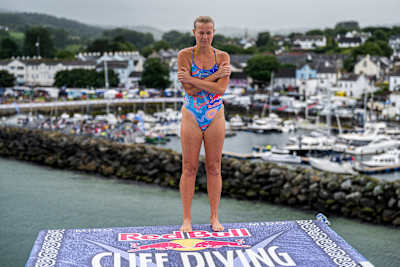 Rhiannan Iffland feeling the chill at the Red Bull Cliff Diving World Series in Ballycastle.
