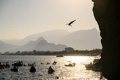 Rhiannan Iffland dives at the cliffs of Antalya at the seventh stop on the 2024 Red Bull Cliff Diving World Series calendar