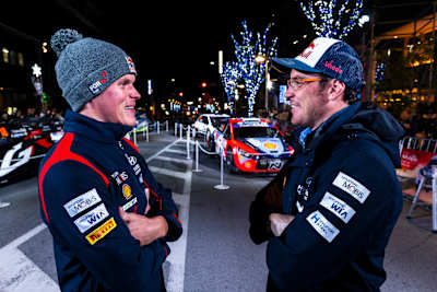 Ott Tänak and Thierry Neuville of team HYUNDAI SHELL MOBIS WORLD RALLY TEAM seen during the World Rally Championship Japan in Toyota city, Japan on 20, November. 2023