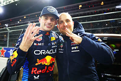 F1 World Drivers Champion Max Verstappen celebrates with race engineer Gianpiero Lambiase in parc ferme during the F1 Grand Prix of Las Vegas at Las Vegas Strip Circuit on November 23, 2024