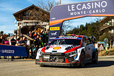 Thierry Neuville (BEL) and Martijn Wydaeghe (BEL) Of team HYUNDAI SHELL MOBIS WORLD RALLY TEAM perform during World Rally Championship Monte-Carlo in Gap, France on January 28, 2024