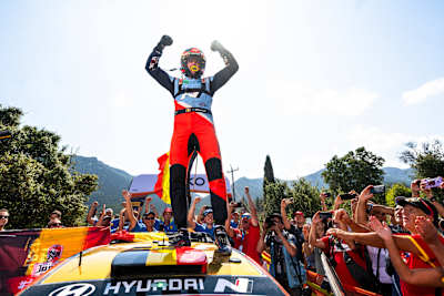 Thierry Neuville (BEL) of team HYUNDAI SHELL MOBIS WORLD RALLY TEAM celebrates on the podium in first place after winning the World Rally Championship in Lamia, Greece on September 8, 2024