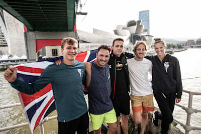 A young Aiden Heslop pictured with his cliff diving idol Gary Hunt, Owen Weymouth, Blake Aldridge and Jessica Macaulay in Bilbao, Spain, in 2019.