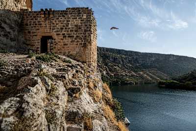 Aidan Heslop of the UK dives from a 26.5-metre fortress at Rumkale Fortress during a Red Bull Cliff Diving project in Gaziantep, Turkey.