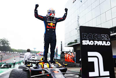 Max Verstappen of the Netherlands and Oracle Red Bull Racing celebrates in parc ferme during the F1 Grand Prix of Brazil at Autodromo Jose Carlos Pace on November 3, 2024 in São Paulo, Brazil