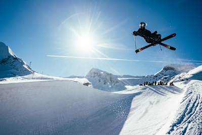 Eileen Gu skiing at the half pipe in Kitzsteinhorn, Austria on November 23, 2023.