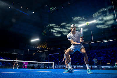 Juan Lebrón serving in Premier Padel Finals, Barcelona, 2024