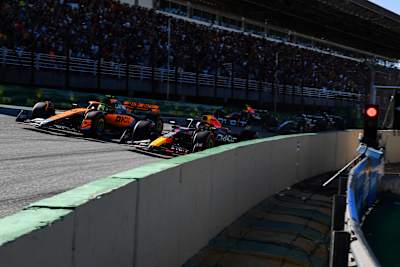 Max Verstappen leads Lando Norris in the Sprint ahead of the F1 Grand Prix of Brazil at Autodromo Jose Carlos Pace on November 04, 2023 in Sao Paulo, Brazil. 