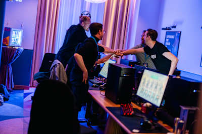 Participants celebrate their victory during Red Bull Gibaway in Gothenburg, Sweden on February 16, 2024. 