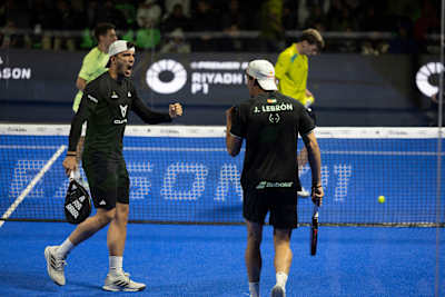A triumphant celebration as Lebron and Galán win the point at the Riyadh Season Premier Padel P1.