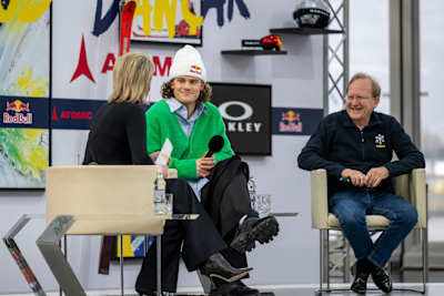 Alexandra Meissnitzer, Lucas Pinheiro Braathen and Anders Petterson, president of the Brazilian Snow Sports Federation seen during a press conference at Hangar 7 in Salzburg, Austria on March 7, 2024.