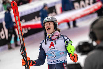 Lucas Pinheiro Braathen seen during the Hahnenkamm Race in Kitzbühel, Austria on January 22, 2023.