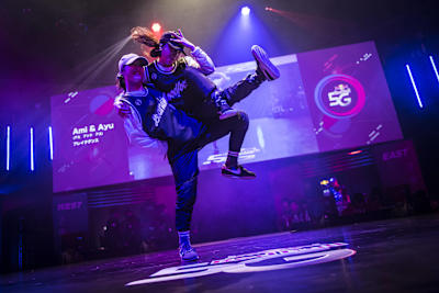 B-Girl Ayu and B-Girl Ami perform in a side act during the Red Bull 5G in Tokyo, Japan on December 18, 2016 