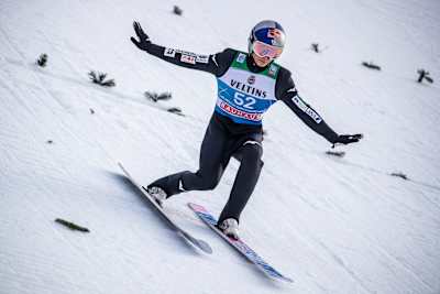 Ryōyū Kobayashi of Japan performs during the Four Hills Tournament in Garmisch-Partenkirchen, Germany on January 1, 2023.