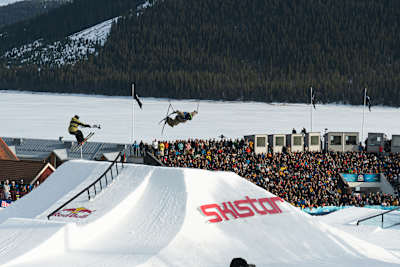 Henrik Harlaut railing the shoot out rail at Red Bull Unrailistic in Åre, Sweden on April 26, 2024.