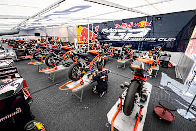 KTM Bike in the Red Bull Rookies Cup pit at the Spanish MotoGP on April 25, 2024.