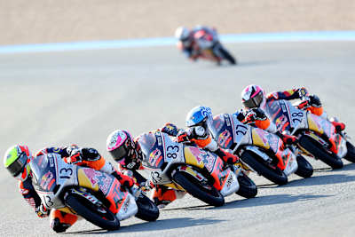 Alvaro Carpe leads during Red Bull Rookies Cup Race 2 at the Spanish MotoGP on April 28, 2024. 