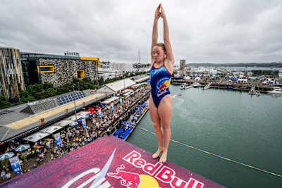 Molly Carlson of Canada prepares to dive at the 2023 Red Bull Cliff Diving World Series in Auckland, New Zealand on January 28, 2024.