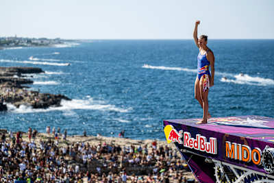 Rhiannan Iffland during the final competition day of the third stop of the Red Bull Cliff Diving World Series in Polignano a Mare, Italy on July 2, 2023.