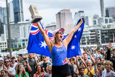 Rhiannan Iffland of Australia celebrates with the King Kahekili trophy at the sixth and final stop of the 2023 Red Bull Cliff Diving World Series in Auckland, New Zealand.