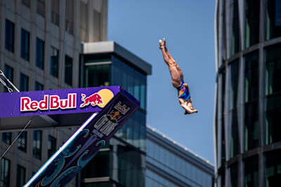 Molly Carlson of Canada dives from the 21 metre platform during the first training day of the first stop of the Red Bull Cliff Diving World Series in Boston, USA on June 1, 2023.