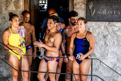 The athletes area on Stari Most during the second competition day of the Red Bull Cliff Diving World Series in Mostar, Bosnia and Herzegovina on September 8, 2023.