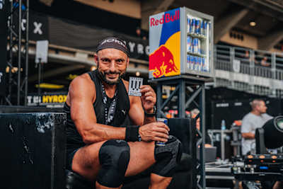Participant of the pro men category poses for a portrait after the race at the Hyrox World Championship in Nice, France, on 8th June 2024.