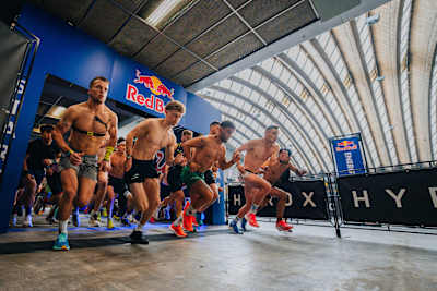 Participants of the pro men category perform at the Hyrox World Championship in Nice, France, on 8th June 2024.