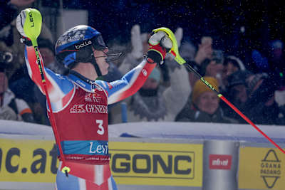 In the 2024-2025 season, Clément Noël celebrates triumphantly at Levi's Alpine Ski World Cup event