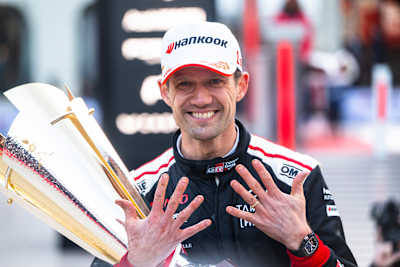 Sébastien Ogier celebrates his 2025 WRC Monaco win triumphantly