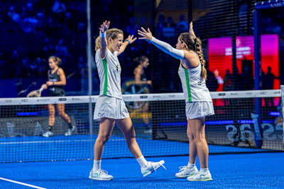 In 2024, Ariana Sánchez and Paula Josemaría celebrate at Premier Padel Finals in Barcelona.