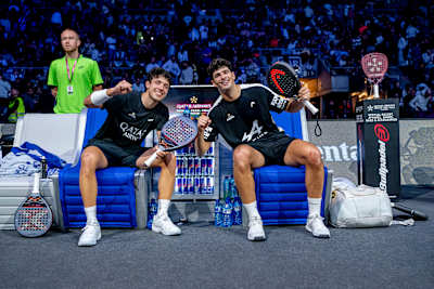 In 2024, Arturo Coello and Agustin Tapia celebrate at Premier Padel Finals in Barcelona.