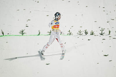 Daniel Tschofenig skiing at Bischofshofen in 2024 Four Hills event.