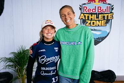 Steph Gilmore and Erin Brooks pose for a photo after surfing a heat at the Gold Coast Pro.