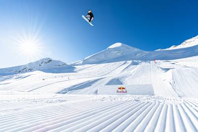 Mari Fukada soars above the Red Bull Performance Camp jump in Saas-Fee, Switzerland on September 29, 2025.