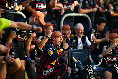 Race winner Max Verstappen of the Netherlands and Oracle Red Bull Racing celebrates victory with his team during the F1 Grand Prix of United States at Circuit of The Americas on October 19, 