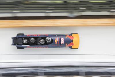 Olympic Bobsled Team races at the Olympic Bobsled track during previews to the Formula One Grand Prix of Russia near the Sochi Autodrom, Russia on April 27, 2016.