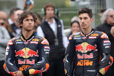 Enea Bastianini and Maverick Vinalesi seen during stop 22 of the MotoGP World Championship, Valencia Grand Prix, in Valencia, Spain on November 16, 2025.   