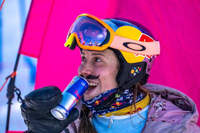 Eva Adamczyková drinking Red Bull during FIS Snowboard Cross World Cup in Bakuriani, Georgia, on March 4, 2021. 