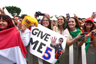 A fan holds a sign in support of Max Verstappen and Red Bull  at the F1 Grand Prix of Brazil at Autodromo Jose Carlos Pace