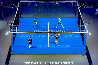 Arturo Coello, Agustin Tapia, Fede Chingotto and Ale Galán competing in the Final of the Premier Padel 2025 Finals semifinals in Barcelona, Spain on December 14, 2025.