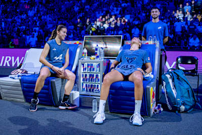 Bea González and Claudia Fernández take a break courtside during the thrilling Premier Padel 2025 Finals in Barcelona, Spain.