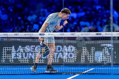 Martín Di Nenno celebrates a crucial point during the Premier Padel 2024 Finals in Barcelona, Spain, showcasing determination and thrilling action on December 19, 2024