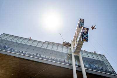 Ginni van Katwijk launches from the 21m platform and the ICA's unmistakable cantilever roof.