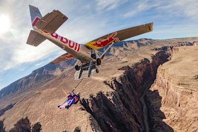 Max Manow wingsuiting to meet Luke Aikins flying his experimental plane during the Endless Skydive project on the Navajo Nation in northern Arizona, USA on November 11, 2024.