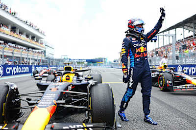 Sprint winner Max Verstappen celebrates in parc ferme during the Sprint ahead of the F1 Grand Prix of Miami at Miami International Autodrome on May 04, 2024 in Miami, Florida. 