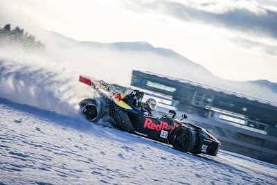 In 2021, a KTM X-BOW drifts over snow at the Red Bull Ring.