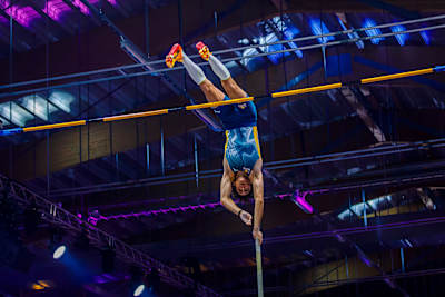 Armand Duplantis soars over the bar during the Mondo Classic 2025 pole vaulting event in Uppsala, Sweden.