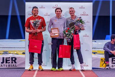 Armand Duplantis, Emmanouil Karalis and Sam Kendricks on the podium at the Mondo Classic on March 13, 2025, in Uppsala, Sweden.