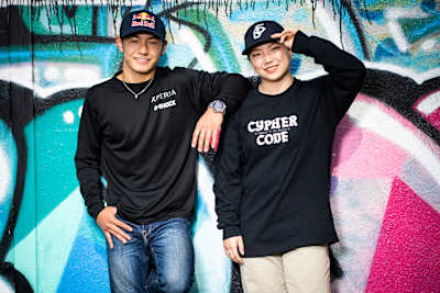 B-Boy Shigekix and B-Girl Ram pose for a portrait in Saitama Prefecture in Saitama, Japan on April 8, 2021.